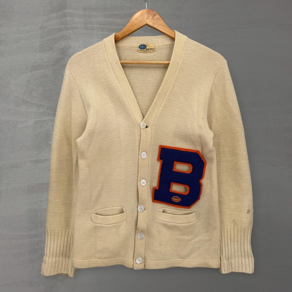 True Vintage Pilgrim Sportswear 50s Cardigan Cream Letterman Broncos Small